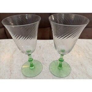 VTG Tiffin-Franciscan Green Spiral Optic Uranium Vaseline Wine Water (2) Goblets